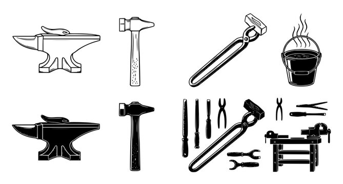 Blacksmith tools and metalwork equipment collection featuring anvils hammers tongs and forge buckets in professional vector graphic illustration set for industrial design