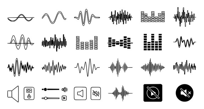 Digital sound spectrum and audio waveform icons collection including volume sliders and mute symbols for professional multimedia design and user interface graphics set