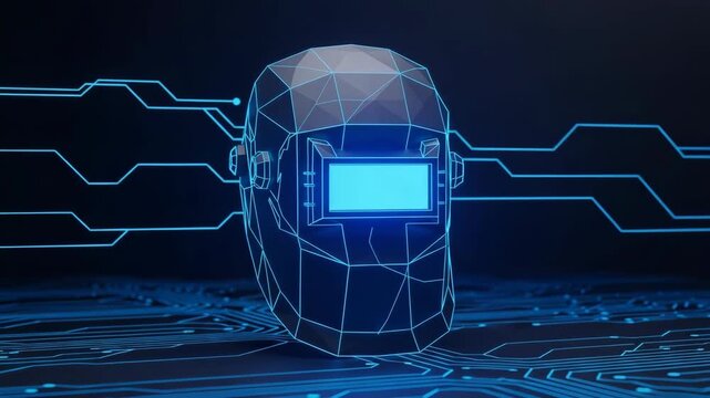 3d Rendered Welding Helmet Model Is Showcased Against Dark Blue Background With Circuitry Patterns For Tech Engineering Design Visualizations