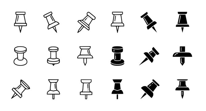 Set of push pins and map markers in various shapes including outline and solid black silhouettes for office stationery and location tracking navigation applications