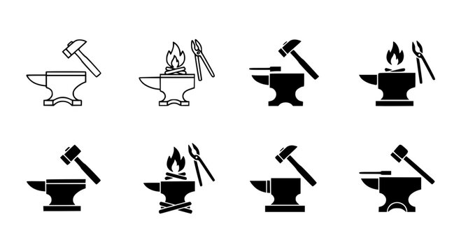 Blacksmith anvil and hammer tools with fire and tongs in outline and solid silhouette vector icon set for metalwork and craft branding isolated on white background