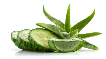 Obraz premium Fresh Sliced Cucumber with Aloe Vera Plant Isolated on White Background Wellness Concept