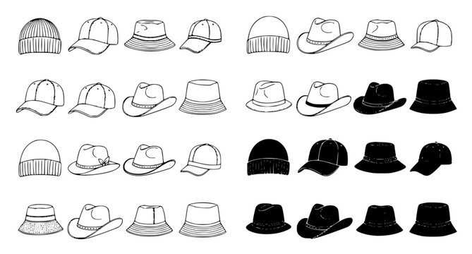 Set of twenty headwear and hat icons including beanies baseball caps and bucket hats for fashion and retail branding in black and white vector illustration style