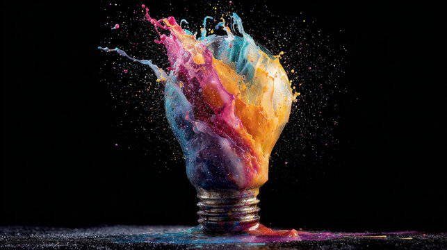 Creative Light Bulb Exploding with Colorful Dry Paint Sparks Concept of Innovation and Ideas