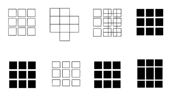 Collection of square grid and pattern icons in outline and solid black styles for user interface design and layout planning isolated on white background