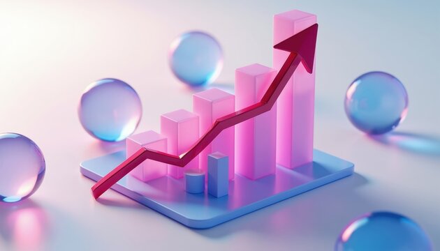 3D bar chart with rising red arrow shows financial growth. Frosted glass spheres float around the abstract business concept. UI elements suggest tech data analysis and profit increase.
