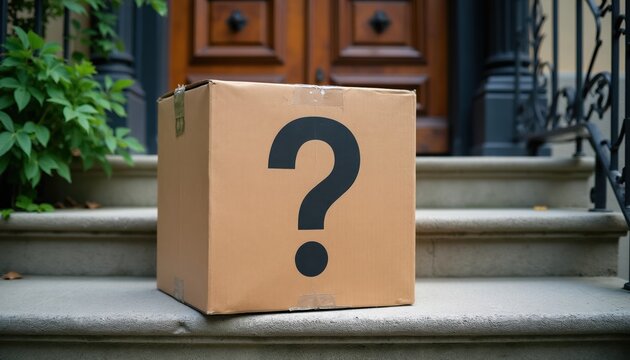 Cardboard box with large black question mark sits on stone stpic outside. Unidentified package delivery left on porch, mystery surprise object. Urban front door entrance.