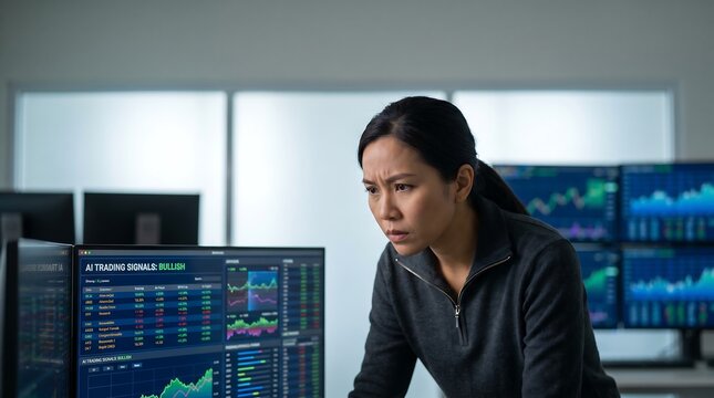 Stressed Asian female day trader watching volatile stock market charts on multiple computer screens in dark room