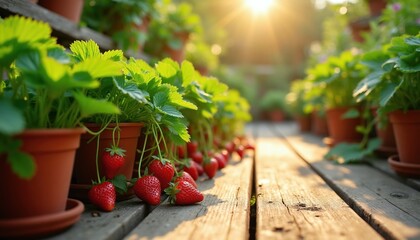 Naklejka premium Potted strawberry plants with ripe red fruit on sunlit wooden deck. Green leaves and berries grow in terra cotta containers. Healthy garden produce.
