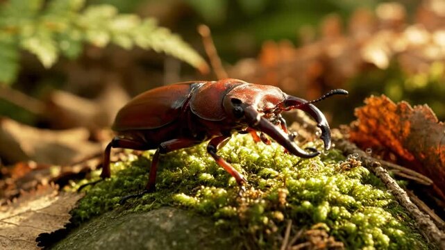 Close up view of a majestic stag beetle with impressive mandibles, perched on vibrant green moss in a natural setting