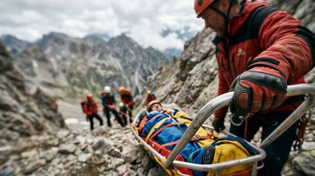 Mountain rescue team carrying injured climber on stretcher  