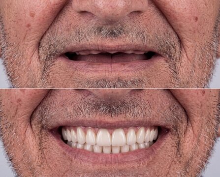 Before and after comparison of a senior man's smile with dental implants, restorative dentistry concept.
