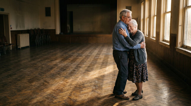 Senior couple slow dancing in sunlit community hall