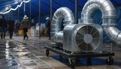 Fototapeta premium Detailed view of ducts from a mobile HVAC unit inside a disaster relief tent main components in focus while background activity remains softly blurred.