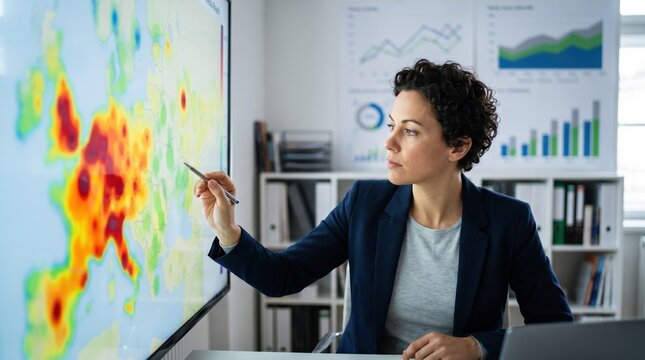 Focused medium shot of a marketing professional analyzing a colorful heatmap display emphasizing local versus national media reach with outoffocus charts behind.