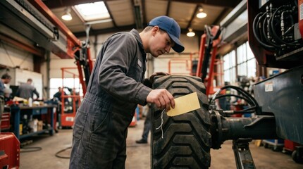 Fototapeta premium Technician inspecting boom lift tire tread indoors holding inspection tag in focus while the rest of the maintenance shop is softly obscured for depth emphasis.