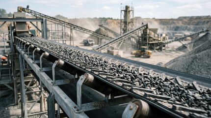 Fototapeta premium Medium shot of a modular conveyor belt transporting loose gravel with main belt in sharp focus and background blurred in an active industrial setting.