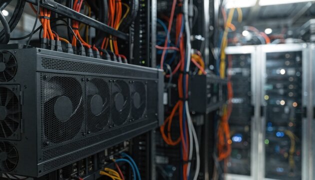 Medium shot of a rack server in sharp focus with blurred background equipment highlighting temporary infrastructure setup for shortterm IT migrations.