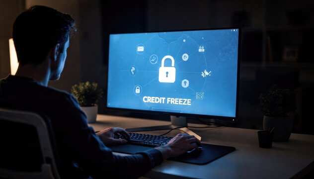 Medium shot of a person using a desktop portal to activate a credit freeze screen glowing in sharp focus while the background blurs emphasizing security control.