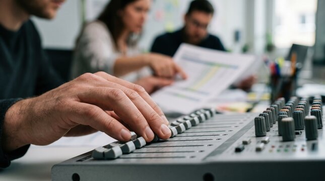Group session with clear focus on a hand adjusting audio volume sliders as peers in the background review budget spreadsheets softly blurred.