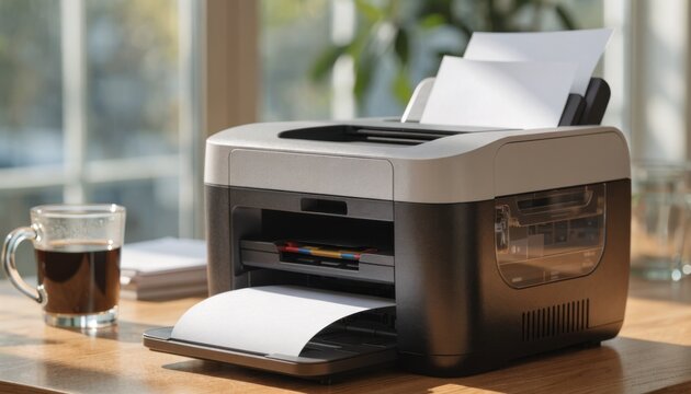 Compact multifunction printer focused prominently on a wooden desk highlighting ease of rental installation for urgent color printing and quick document workflows.