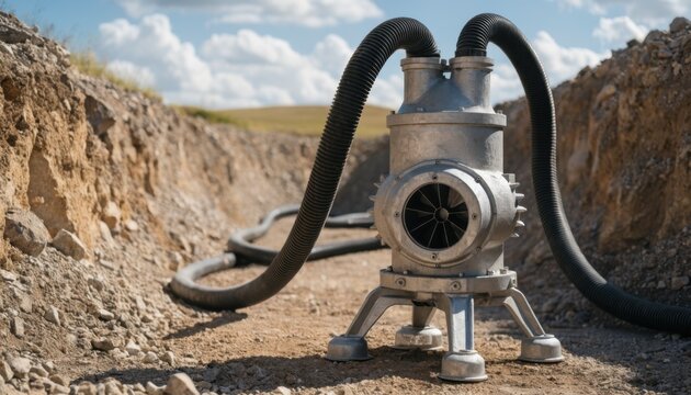 Medium shot capturing a pristine dry gravel trench with the primary dewatering pump sharply focused while the connected hoses and ground fade softly.
