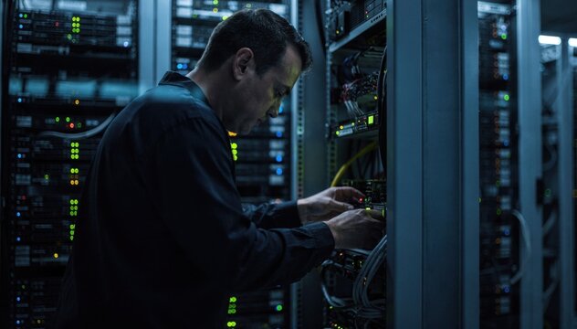 Server technician working intently on configuring hardware for credit data aggregation racks of servers with multicolored indicator lights blurred in the background.