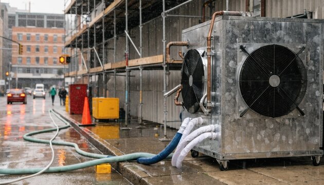 Medium shot of large temporary chiller unit with blurred urban street backdrop during commercial building retrofit focusing on connected cooling hoses and machinery.