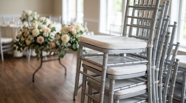 Closeup of stacked chairs with softly blurred wedding floral centerpieces in the background highlighting party rental essentials.