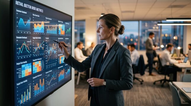 Focused medium shot of a financial expert analyzing retail sector risk metrics on a large screen while surrounding office details fade out subtly.