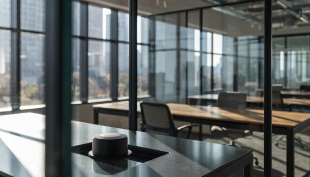 Focused medium shot of a sleek desk puck sensor detecting individual workspace use emphasizing smart desk occupancy and energysaving IoT integration with soft bokeh effect.