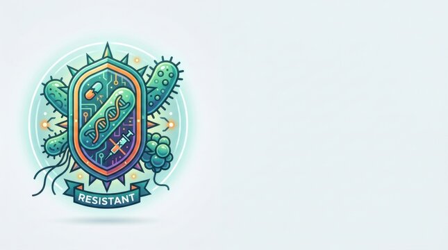 Colorful representation of a superbug icon showing resistance features with various scientific symbols and shapes around it.