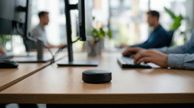 Focused medium shot of a sleek desk puck sensor detecting individual workspace use emphasizing smart desk occupancy and energysaving IoT integration with soft bokeh effect.