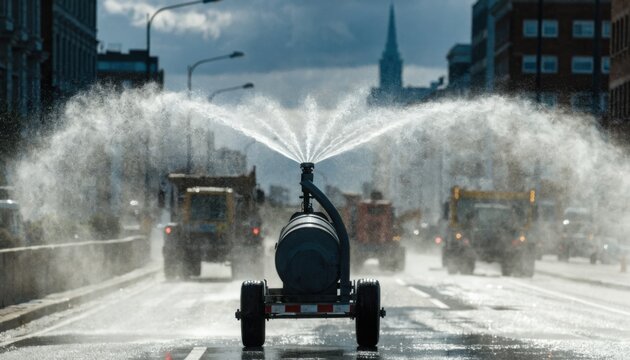 Trailermounted misting cannon releasing fine spray to suppress dust during busy roadwork with blurred construction vehicles in background.