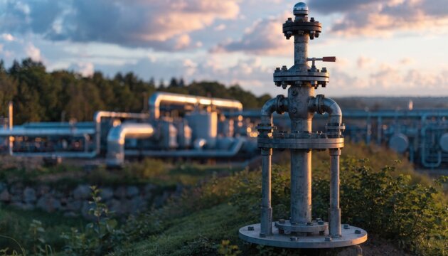 Medium shot of a landfill gas wellhead with blurred piping and equipment on a slope under dusk sky capturing industrial focus amid soft natural light.