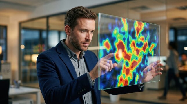 Strategist in medium shot closely examining a dynamic heatmap on a transparent screen highlighting media mix variations with the office environment softly blurred.