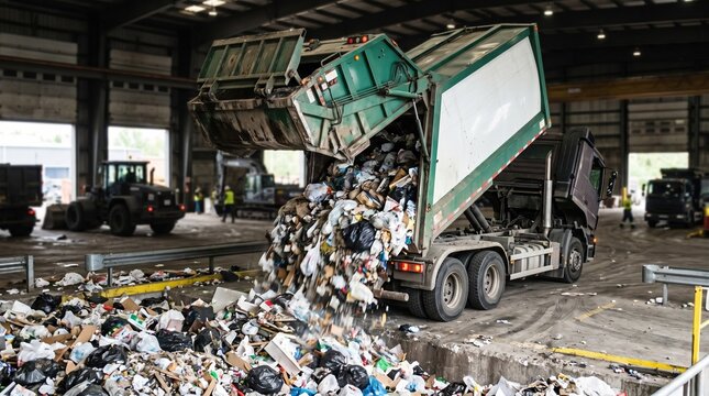Garbage truck dumping refuse on a tipping floor captured midaction with background transfer station open bays and equipment softly out of focus.