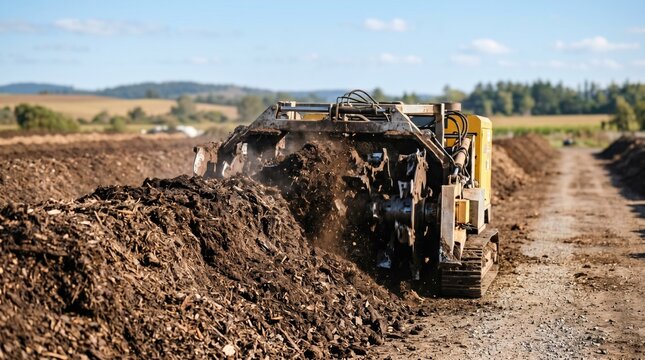 Sunny afternoon view of compost windrow operations with focused equipment aerating large organic piles blades and compost texture crisp against a blurred background.