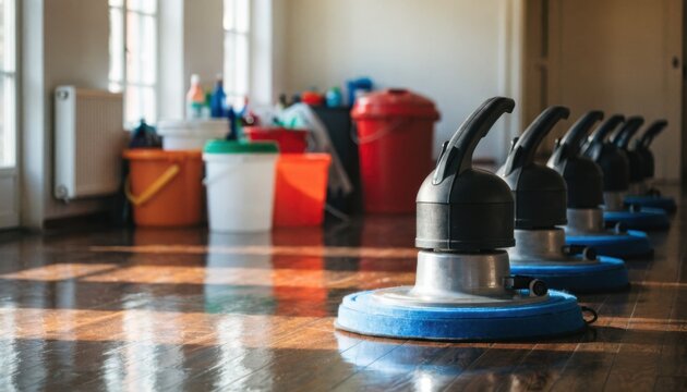 Medium shot of floor buffers neatly lined up in a staging area main machine in sharp focus with blurred background of hardwood floor tools.