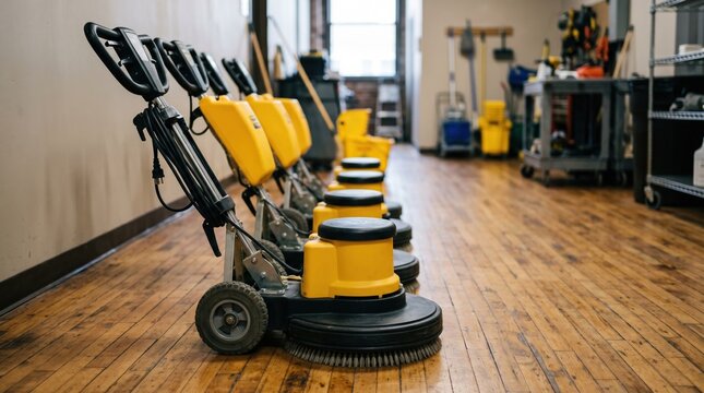 Medium shot of floor buffers neatly lined up in a staging area main machine in sharp focus with blurred background of hardwood floor tools.