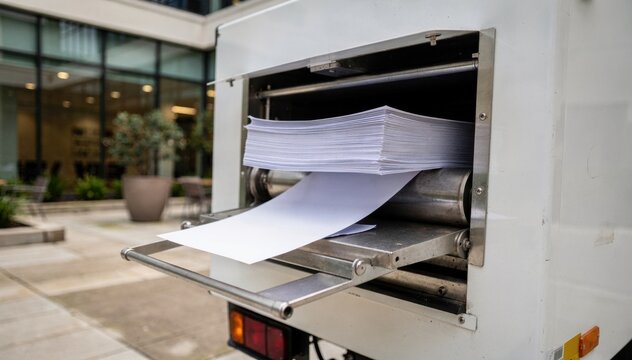 Medium shot capturing shredding truck at a legal office courtyard focusing on the document entry feed as the office environment gracefully fades out of focus.