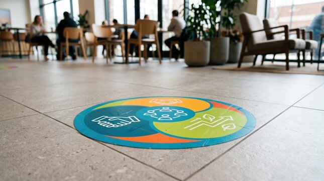 Focused floor decal with vibrant bank colors and clear icons seamlessly integrated into modern tile flooring with adjacent outoffocus seating area.