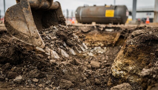 Closeup of soil remediation work at a gas station excavation equipment digging focused soil with an indistinct fuel tank blurred behind.