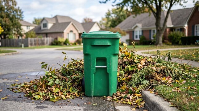 Green compost container standing ready for pickup surrounded by leafy yard scraps suburban homes faintly in background.