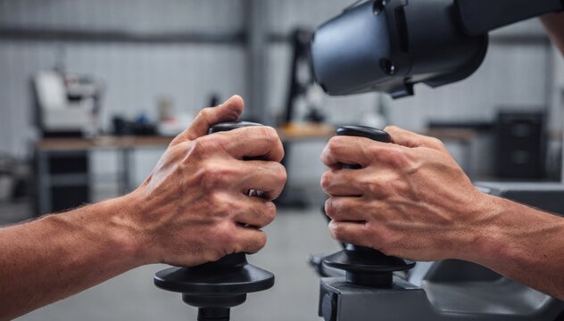 Closeup on trainees hands manipulating lift simulator joysticks in virtual reality with clear foreground elements and a blurred minimalistic workshop setting.