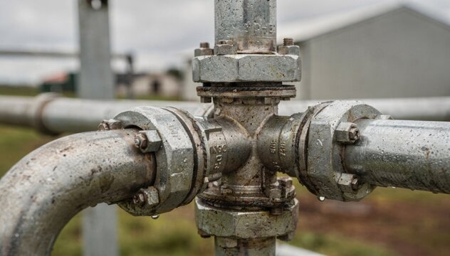 Closeup of gas piping connected to an anaerobic digester unit at a farmadjacent site metal fittings in sharp relief against a blurred background environment.