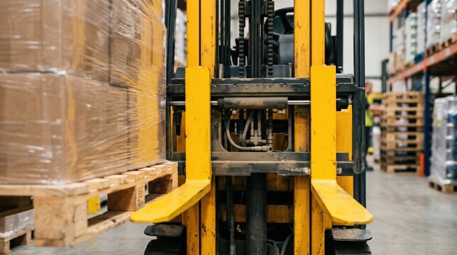Closeup medium shot of a leased electric forklifts front fork engaging a pallet background warehouse environment gently blurred to highlight precise handling and control.