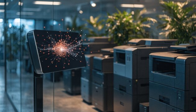 Medium shot of AI dashboard displaying realtime printer usage data with blurred office printers in the background emphasizing optimized scheduling and reduced idle time.