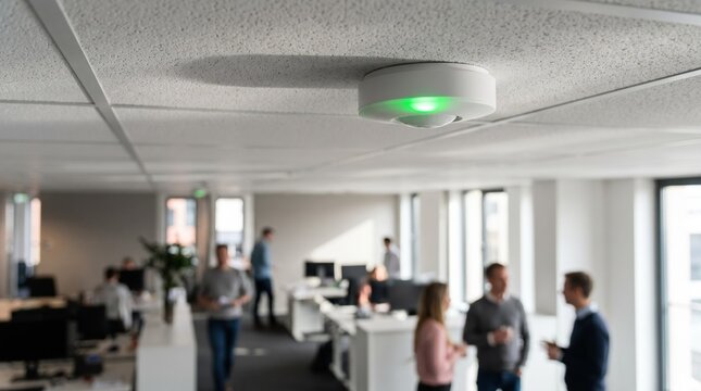 Medium shot of a ceilingmounted occupancy sensor activated by movement highlighting IoT technology for realtime room utilization monitoring with blurred office background.