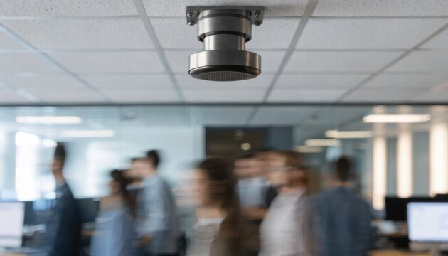 Medium shot of a ceilingmounted occupancy sensor activated by movement highlighting IoT technology for realtime room utilization monitoring with blurred office background.